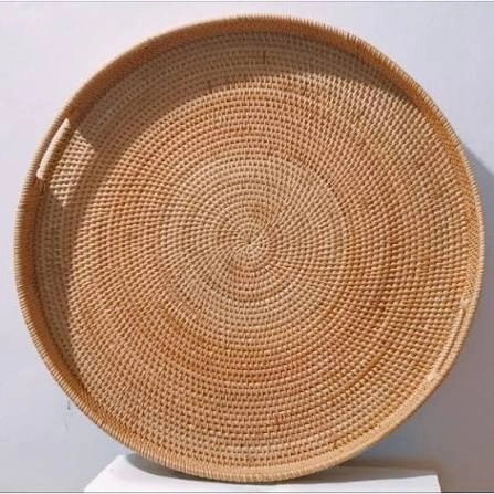 Round Coiled Rattan Serving Platter Tray with Cutout Handles