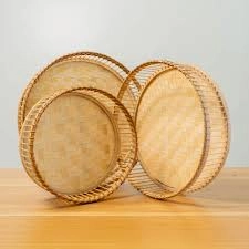 Round Bamboo & Rattan Open-Spoke Serving Trays (Set of 3)