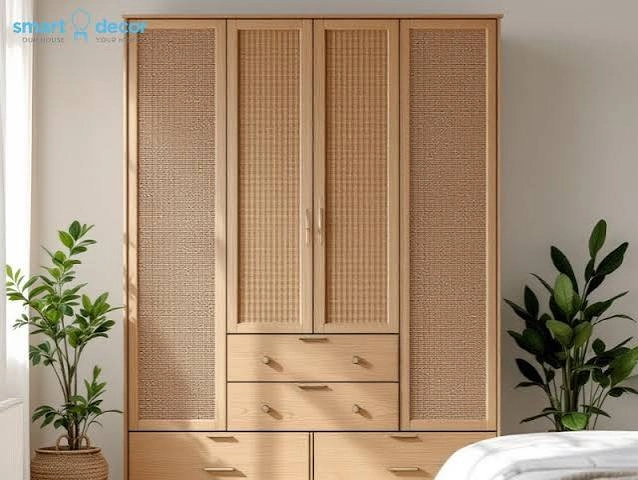 Heritage Oak & Woven Cane 4-Door Wardrobe Armoire
