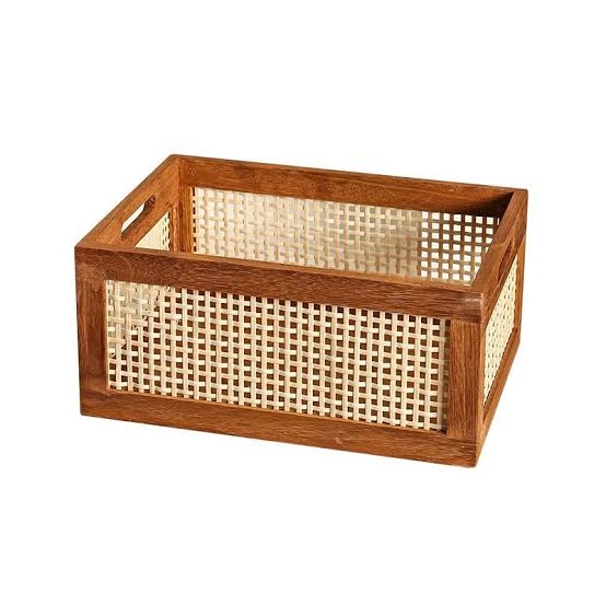 Cane Webbing & Solid Teak Storage Crate with Cutout Handles
