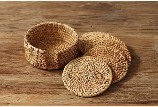 Round Coiled Rattan Drink Coaster Set with Holder (Set of 6)
