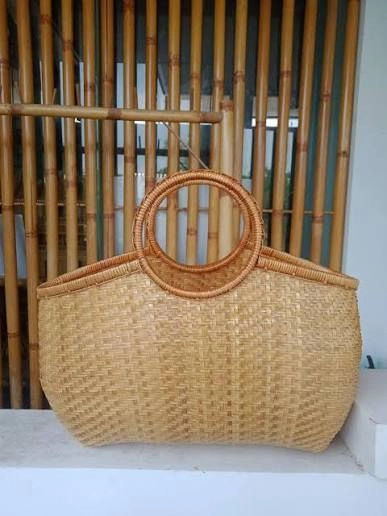 Handwoven Bamboo Market Tote with Round Circle Handles