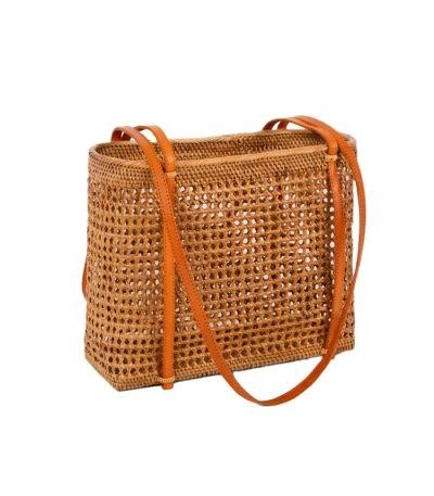 Open-Weave Rattan Shoulder Tote with Genuine Leather Straps